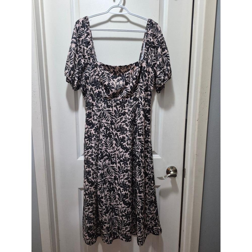 Socialite Pink Black Floral Palm Print Puff Sleeve Smocked Midi Dress XL